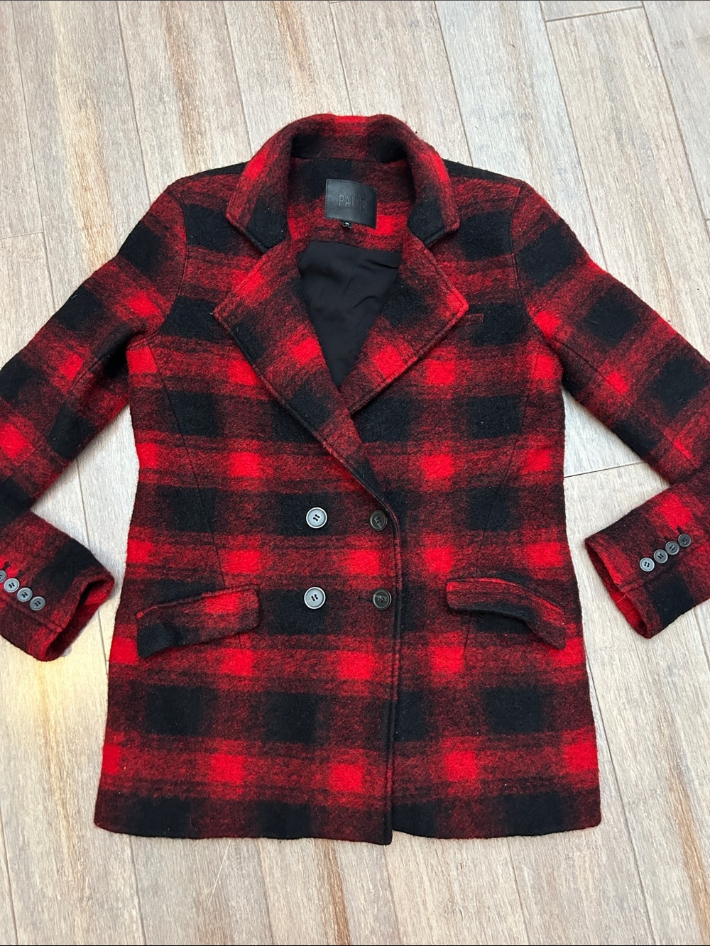 PAIGE Wool Blend Red and Black Plaid Double-Breasted Peacoat size M